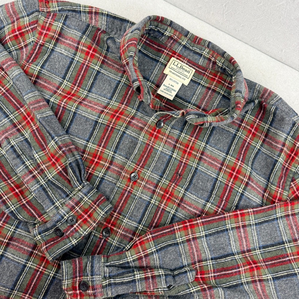 LL Bean Men's Large Regular Traditional Fit 100% Cotton Flannel Shirt Grey Red‎